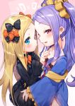  1girl 2girls abigail_williams_(fate/grand_order) bangs black_bow black_dress blonde_hair blue_eyes blush bow breasts chinese_clothes closed_mouth collarbone dress fate/grand_order fate_(series) forehead hair_bow hair_ornament hand_on_another&#039;s_hip licking_lips long_hair long_sleeves looking_at_viewer multiple_girls orange_bow parted_bangs pink_background polka_dot polka_dot_bow purple_dress purple_hair shiny shiny_hair sleeves_past_fingers sleeves_past_wrists small_breasts smile tongue tongue_out tousaki_shiina twintails very_long_hair violet_eyes wide_sleeves wu_zetian_(fate/grand_order) 