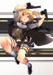  1girl arms_up bangs black_footwear black_gloves black_jacket blonde_hair blush braid breasts closed_mouth collared_shirt corset dual_wielding eyebrows_visible_through_hair fu-ta full_body girls_frontline gloves green_eyes grey_shirt gun half_gloves holding holding_gun holding_weapon holster jacket jacket_on_shoulders jumping loafers looking_at_viewer medium_breasts necktie open_mouth shirt shoes short_hair sidelocks skirt sleeves_folded_up socks solo striped striped_skirt striped_vest thigh_holster thigh_strap twintails vest weapon welrod_mk2 welrod_mk2_(girls_frontline) 
