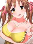  1girl bag bangs bare_shoulders blush breasts brown_hair cleavage collarbone hair_ribbon heart heart_necklace highres idolmaster idolmaster_cinderella_girls jewelry large_breasts long_hair looking_at_viewer natsuya open_mouth pink_ribbon ribbon shopping_bag simple_background smile solo tank_top totoki_airi twintails white_background yellow_eyes yellow_tank_top 