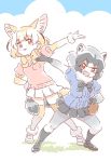  2girls :3 :d animal_ears arm_up black_footwear black_gloves black_hair black_neckwear black_skirt blonde_hair bow bowtie breast_pocket brown_eyes clouds common_raccoon_(kemono_friends) day extra_ears eyebrows_visible_through_hair fang fennec_(kemono_friends) fox_ears fox_tail fur_collar fur_trim gloves green_hat hand_on_hip hat kemono_friends miniskirt mitsumoto_jouji multiple_girls open_mouth outdoors pantyhose pleated_skirt pocket raccoon_ears raccoon_tail short_sleeves skirt sky smile tail thigh-highs white_footwear white_gloves white_legwear white_skirt yellow_legwear yellow_neckwear zettai_ryouiki 