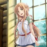  1girl :d arms_behind_back asuna_(sao) blue_skirt brown_eyes brown_hair day head_tilt indoors jpeg_artifacts long_hair looking_at_viewer miniskirt open_mouth shirt short_sleeves skirt smile solo standing sunlight sword_art_online very_long_hair 