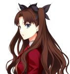  1girl black_bow blue_eyes bow brown_hair chimachi eyebrows_visible_through_hair fate/stay_night fate_(series) hair_bow jacket long_hair looking_at_viewer looking_back neck_ribbon parted_lips red_jacket red_ribbon ribbon simple_background solo tohsaka_rin twintails upper_body very_long_hair white_background 