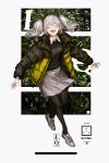  1girl absurdres black_legwear closed_eyes fangs full_body hair_between_eyes happy highres jacket lm7_(op-center) looking_at_viewer open_mouth pantyhose shoes silver_hair simple_background skirt smile solo standing twintails white_skin 