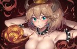  1girl :d armpits arms_behind_back arms_up bare_shoulders blonde_hair blue_eyes blush bowsette breasts breathing_fire cleavage collar crown earrings fire horns jewelry konata_(knt_banri) large_breasts super_mario_bros. new_super_mario_bros._u_deluxe nintendo open_mouth pointy_ears ponytail sharp_teeth sleeveless smile solo spiked_armlet spiked_collar spikes strapless super_crown teeth upper_body 