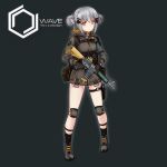  assault_rifle belt belt_pouch bgm-71_(girls_frontline) double_bun fingerless_gloves full_body girls_frontline gloves grey_background grey_hair gun hair_ornament highres knee_pads looking_at_viewer military_operator pouch rifle sechka shoes simple_background trigger_discipline weapon 
