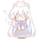  1girl :t angora_rabbit animal animal_ears animal_on_head bangs black_skirt blue_bow blue_hair blue_vest blush bow cat_ears chibi closed_eyes closed_mouth eyebrows_visible_through_hair frilled_skirt frills full_body gochuumon_wa_usagi_desu_ka? hair_between_eyes kafuu_chino kemonomimi_mode long_hair long_sleeves on_head pout puffy_long_sleeves puffy_sleeves rabbit sakurato_ototo_shizuku shirt skirt standing translated very_long_hair vest white_background white_shirt |_| 