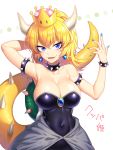 1girl bangs bare_shoulders black_leotard black_nails blonde_hair blue_earrings bowsette bracelet breasts brooch cleavage collar collarbone covered_navel eyebrows_visible_through_hair fang fingernails hair_between_eyes hand_behind_head hand_up horns jewelry large_breasts leotard light_blue_eyes long_ponytail looking_at_viewer mekariruwii nail_polish new_super_mario_bros._u_deluxe nintendo open_mouth reflective_eyes sapphire_(stone) sharp_fingernails shiny shiny_hair shiny_skin short_hair sidelocks smile solo spiked_bracelet spiked_collar spiked_shell spiked_tail spikes strapless strapless_leotard super_crown super_mario_bros. tail toned upper_body waist_cape white_background