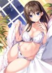  1girl blue_eyes bra breasts brown_hair cleavage dutch_angle eyebrows_visible_through_hair gluteal_fold grin hand_to_own_mouth highres indoors large_breasts long_hair lying navel on_bed oryou panties smile solo thigh_gap underwear underwear_only white_bra white_panties 