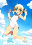  1girl ahoge armpits artoria_pendragon_(all) ass_visible_through_thighs barefoot black_ribbon blonde_hair blue_sky blush character_name clouds collarbone competition_school_swimsuit covered_navel day dutch_angle eyebrows_visible_through_hair fate/stay_night fate/unlimited_codes fate_(series) flat_chest full_body gradient gradient_sky green_eyes hair_between_eyes hair_ribbon hands_up happy hips jumping looking_at_viewer name_tag namonashi one-piece_swimsuit open_mouth outdoors ponytail ribbon ribs saber saber_lily school_swimsuit short_hair_with_long_locks short_ponytail sidelocks sky smile solo splashing swimsuit water white_school_swimsuit white_swimsuit younger 