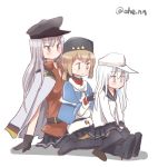  3girls ahenn black_belt black_bow black_footwear black_gloves black_hat black_legwear black_skirt blue_eyes blue_shawl boots bow brown_eyes brown_hair brown_legwear fingerless_gloves flat_cap full_body gangut_(kantai_collection) gloves grey_hair hair_bow hat hibiki_(kantai_collection) jacket jacket_on_shoulders kantai_collection long_hair low_twintails military_hat multiple_girls orange_eyes pantyhose papakha peaked_cap pleated_skirt red_shirt remodel_(kantai_collection) sailor_collar school_uniform serafuku shawl shirt short_sleeves silver_hair simple_background sitting skirt tashkent_(kantai_collection) thigh-highs thigh_boots twintails twitter_username verniy_(kantai_collection) white_background white_hat white_jacket 