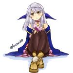  1girl :o bare_shoulders black_legwear blush boots bracelet cape dress elbow_gloves fingerless_gloves fire_emblem fire_emblem:_akatsuki_no_megami gloves hair_ribbon half_updo jewelry micaiah nintendo purple_gloves ribbon silver_hair simple_background sitting sleeveless sleeveless_dress solo twitter_username yellow_eyes yukia_(firstaid0) 