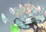  1girl ahoge aiu_eo de_la_fille dress drill_hair elbow_gloves from_behind gem gloves granblue_fantasy highres long_dress pantyhose smile twintails 