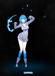  1girl animated animated_gif artist_name black_background blue_fire blue_hair boots bouncing_breasts breasts cleavage derpixon fire full_body happy hood jumping large_breasts looking_at_viewer open_mouth original simple_background smile solo white_skin wind wind_lift 