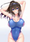 1girl arms_behind_head black_hair blue_eyes blue_swimsuit breasts cleavage competition_swimsuit cowboy_shot gradient gradient_background hairband highres idolmaster idolmaster_cinderella_girls large_breasts long_hair looking_at_viewer mouth_hold one-piece_swimsuit ponytail rubber_band sagisawa_fumika sankakusui solo standing swimsuit white_background 