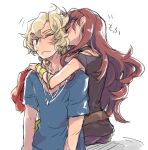  1boy 1girl black_shirt blonde_hair blue_eyes blue_shirt bracelet brown_hair collarbone floating_hair hug isuzu_(log_horizon) jewelry log_horizon long_hair lunderhaus_cord mo_(deciliter) necklace one_eye_closed shirt short_sleeves sketch very_long_hair 