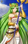  1girl clothed female gold green_eyes green_hair jewelry kid_icarus kyoffie12 looking_at_viewer nintendo palutena solo staff 