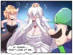  1boy 2girls black_dress blue_eyes blush bowsette breasts collar covering_face crown door dress earrings english facial_hair green_hat hat highres hinghoi horns jewelry large_breasts long_hair luigi luigi&#039;s_mansion super_mario_bros. multiple_girls mustache new_super_mario_bros._u_deluxe nintendo open_door open_mouth princess_king_boo sharp_teeth speech_bubble super_crown teeth thick_eyebrows white_dress 