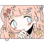  1girl bangs blue_eyes blue_footwear blush close-up eyebrows_visible_through_hair face flower holding holding_hair leaf long_hair no_nose noeru_(noellemonade) orange_flower original pink_flower pink_hair portrait red_footwear solo white_flower yellow_flower 