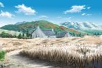  blue_sky clouds commentary_request day field grass highres hirota_(masasiv3) house mountain no_humans outdoors road scenery sky tree window 