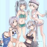  4girls bangs black_ribbon blue_eyes braid breasts commentary_request flat_chest grey_eyes grey_hair hachimaki hair_between_eyes hair_tie hairband hat headband kantai_collection kasumi_(kantai_collection) kneeling long_hair looking_at_viewer medium_breasts microskirt mole mole_under_eye multiple_girls one_side_up open_mouth parted_bangs pleated_skirt ribbon sailor_bikini sailor_collar sailor_hat short_hair side_ponytail silver_hair single_braid sitting skirt small_breasts smile standing sugue_tettou suzutsuki_(kantai_collection) swimsuit tupet umikaze_(kantai_collection) very_long_hair white_hair white_hairband yellow_eyes z1_leberecht_maass_(kantai_collection) 