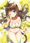  1girl ;) animal_ear_fluff animal_ears antenna_hair arm_support bangs bare_shoulders bikini blush breasts brown_hair cat_ears cat_girl cat_tail cleavage closed_mouth collarbone commentary_request eyebrows_visible_through_hair food fruit green_bikini green_eyes green_legwear groin hair_between_eyes head_tilt holding holding_food hood hood_down hooded_jacket jacket large_breasts lime_(fruit) lime_slice long_hair long_sleeves looking_at_viewer mauve mismatched_legwear navel no_shoes off_shoulder one_eye_closed open_clothes open_jacket original polka_dot polka_dot_bikini sitting smile solo striped striped_legwear swimsuit tail thigh-highs very_long_hair white_background yellow_jacket 