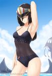  1girl armpits black_hair breasts collarbone cslucaris gloves hat long_hair meleph_(xenoblade) military military_hat navel nintendo one-piece_swimsuit simple_background swimsuit water wet xenoblade_(series) xenoblade_2 yellow_eyes 