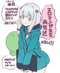  1girl aqua_eyes blue_eyes bow eromanga_sensei grey_hair hair_bow izumi_sagiri jacket kanzaki_hiro long_hair looking_at_viewer low-tied_long_hair pink_bow silver_hair stuffed_animal stuffed_octopus stuffed_toy stylus tablet 