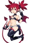  1girl arm_belt bangs bell bell_choker bikini black_bikini black_footwear black_gloves black_scrunchie boots bracelet choker commentary demon_girl demon_tail demon_wings disgaea earrings elbow_gloves etna eyebrows_visible_through_hair fang flat_chest fujitsubo_(hujitubo0731) gloves highres jewelry jumping looking_at_viewer makai_senki_disgaea mini_wings navel open_mouth pointy_ears pointy_hair red_eyes red_tail red_wings redhead scrunchie short_hair simple_background skull_earrings smile solo strapless strapless_bikini swimsuit tail thigh-highs thigh_boots twintails w white_background white_belt wings 