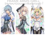  3girls arm_above_head ass_visible_through_thighs black_gloves blonde_hair blue_eyes blue_hair blush bodysuit breasts brown_hair bunny_pose cleavage covered_nipples elbow_gloves frame_arms_girl gloves green_eyes highres letterboxed long_hair looking_at_viewer low_twintails mecha_musume medium_breasts misenouchi multiple_girls open_mouth panties pantyhose pantyshot pantyshot_(standing) short_hair smile standing thighs twintails underwear 
