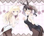  2girls ;d animal_ears ass bangs bare_shoulders black_hairband blonde_hair blue_eyes blush breasts brown_eyes brown_hair brown_legwear bunny_girl bunnysuit cleavage commentary_request eyebrows_visible_through_hair fingernails fishnet_pantyhose fishnets hair_between_eyes hairband hands_up highres juliet_persia kishuku_gakkou_no_juliet leaning_forward long_hair medium_breasts multiple_girls natsupa one_eye_closed open_mouth pantyhose parted_lips rabbit_ears sidelocks smile twintails very_long_hair wang_kochou white_hairband wrist_cuffs 