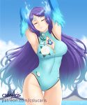  armpits breasts closed_eyes collarbone cslucaris fire flower gloves kagutsuchi_(xenoblade) long_hair medium_breasts navel nintendo one-piece_swimsuit purple_hair simple_background smile swimsuit water wet xenoblade_(series) xenoblade_2 