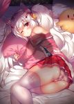  1girl animal_ears ass azur_lane bangs bare_shoulders blush breasts commentary_request eyebrows_visible_through_hair hair_between_eyes hair_ornament hairband highres jacket laffey_(azur_lane) long_hair long_sleeves looking_at_viewer lying off_shoulder on_bed on_side one_eye_closed open_clothes open_jacket open_mouth panties parted_lips pillow pillow_hug pink_jacket pleated_skirt pov rabbit_ears red_eyes red_hairband red_skirt shiny shiny_skin silver_hair skirt solo striped striped_panties stuffed_animal stuffed_toy suzune_rena thigh-highs thighs twintails underwear very_long_hair white_legwear 
