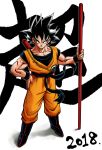  1boy 2018 absurdres black_eyes black_hair boots clothes_lift commentary dougi dragon_ball dragon_ball_super dragon_ball_super_broly dragonball_z fingernails floating_hair full_body hand_on_hip happy highres holding looking_at_viewer male_focus nagare_seiya nyoibo shaded_face shadow short_hair simple_background smile son_gokuu spiky_hair standing translated white_background wristband 