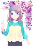  1girl absurdres bangs baseball_cap blue_eyes blue_hat blue_shirt blush brown_hair camisole commentary_request eyebrows_visible_through_hair flower gradient gradient_hat hand_up hat highres hiroshi_(jasinloki) long_hair long_sleeves looking_at_viewer original pants parted_lips pink_hat pointing pointing_at_self purple_flower purple_pants purple_rose rose shirt solo sparkle standing white_background yellow_camisole 