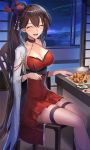  1girl :d azur_lane bangs blush breasts brown_hair chair chopsticks cleavage closed_eyes clouds dress eyebrows_visible_through_hair facing_viewer food hair_between_eyes hair_ornament highres holding holding_chopsticks japanese_clothes large_breasts lighthouse long_hair morichika_shuuto night ocean open_mouth ponytail red_dress sidelocks sitting sky smile solo star_(sky) starry_sky table thigh_strap thighs very_long_hair wide_sleeves window zuikaku_(azur_lane) 