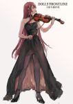  1girl bangs bare_shoulders black_dress blunt_bangs breasts cleavage dress evening_gown full_body girls_frontline high_heels highres instrument long_hair medium_breasts music osakana_(denpa_yun&#039;yun) pantyhose playing_instrument purple_hair red_eyes simple_background solo standing very_long_hair violin wa2000_(girls_frontline) white_background 