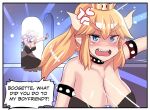  1girl anger_vein black_dress blue_eyes blush bowsette breasts collar crown door dress earrings english fangs highres hinghoi horns jewelry large_breasts long_hair luigi&#039;s_mansion super_mario_bros. new_super_mario_bros._u_deluxe nintendo open_door open_mouth sharp_teeth shell speech_bubble super_crown teeth thick_eyebrows turtle_shell 