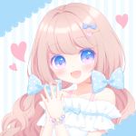  1girl :d bangs blue_bow blue_eyes blush bow collarbone commentary eyebrows_visible_through_hair fingernails hair_bow hair_ornament hairclip hands_up head_tilt heart heart_hair_ornament heart_in_eye himetsuki_luna jewelry light_brown_hair long_hair looking_at_viewer nail_art nail_polish necklace off-shoulder_shirt open_mouth original own_hands_together pearl_necklace polka_dot polka_dot_bow shirt smile solo striped striped_background symbol_in_eye upper_body vertical-striped_background vertical_stripes white_shirt 