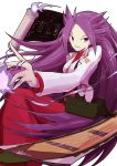  blouse boushi-ya commentary hakama highres japanese_clothes jun&#039;you_(kantai_collection) kantai_collection long_hair magatama onmyouji purple_hair remodel_(kantai_collection) scroll shikigami spiky_hair violet_eyes 