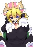  1girl bangs blonde_hair blue_eyes bowsette breasts cleavage cool-kyou_shinja cosplay_request grin hair_between_eyes highres horns huge_breasts super_mario_bros. new_super_mario_bros._u_deluxe nintendo outline pajamas paw_pose sharp_teeth sidelocks simple_background sitting slit_pupils smile solo spiked_shell spiked_tail super_crown teeth white_background 