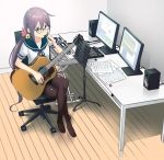  akebono_(kantai_collection) artist_request bell black_legwear chair commentary_request flower glasses guitar hair_bell hair_flower hair_ornament highres instrument jingle_bell kantai_collection keyboard_(instrument) long_hair monitor pantyhose pencil purple_hair roland_(company) school_uniform serafuku sheet_music short_sleeves side_ponytail speaker table very_long_hair violet_eyes 
