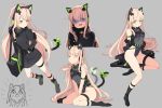  1girl absurdres animal_ears bag black_jacket blonde_hair cat_ears cat_tail character_sheet fake_animal_ears girls_frontline green_eyes grey_background hayarob highres jacket kneeling leotard long_hair ribbon simple_background sitting sleep_mask tail tail_ribbon tail_wagging tmp_(girls_frontline) very_long_hair wariza 