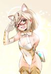  1girl adapted_costume animal_ear_fluff animal_ears black-framed_eyewear blonde_hair blush bow bowtie cat_ears cat_tail commentary_request cowboy_shot elbow_gloves ez6 fang glasses gloves highleg highleg_leotard kemono_friends leaning_forward leotard margay_(kemono_friends) margay_print multicolored multicolored_clothes open_mouth short_hair sleeveless solo tail thigh-highs 