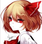  1girl artist_name ascot bangs blonde_hair commentary eyebrows_visible_through_hair eyelashes eyes_visible_through_hair hair_between_eyes hair_ribbon looking_at_viewer portrait red_eyes red_neckwear red_ribbon ribbon rumia sheya shirt short_hair signature simple_background solo touhou white_background white_shirt wing_collar 