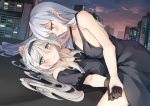  2girls absurdres ak-12_(girls_frontline) alternate_costume an-94_(girls_frontline) black_dress blue_hair blush cityscape commentary_request dawn dress girls_frontline gloves hansal highres korean_commentary looking_away multiple_girls red_eyes yuri 