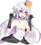  1girl black_gloves blush breasts choker cleavage crown dress fangs frilled_choker frills ghost_pose gloves highres kimchiloid large_breasts long_hair looking_at_viewer luigi&#039;s_mansion super_mario_bros. mini_crown new_super_mario_bros._u_deluxe nintendo pale_skin princess_king_boo red_eyes solo strapless strapless_dress super_crown tilted_headwear tongue tongue_out upper_body very_long_hair waist_cape white_hair 