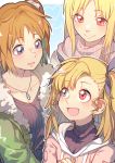  3girls absurdres blonde_hair blush breasts brown_hair cleavage collarbone eyebrows_visible_through_hair fate_testarossa green_eyes heart heterochromia highres hood hoodie jacket jewelry long_hair lyrical_nanoha mahou_shoujo_lyrical_nanoha mahou_shoujo_lyrical_nanoha_strikers medium_breasts multiple_girls necklace open_mouth rakuichi red_eyes scarf side_ponytail smile sweater takamachi_nanoha violet_eyes vivio wife_and_wife winter winter_clothes yuri 