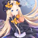  1girl abigail_williams_(fate/grand_order) bangs black_bow black_dress black_hat blonde_hair blue_eyes bow commentary_request dress fate/grand_order fate_(series) floating_hair forehead hair_bow hat long_hair long_sleeves looking_at_viewer object_hug orange_bow parted_bangs parted_lips pengin_guriko polka_dot polka_dot_bow sleeves_past_fingers sleeves_past_wrists solo stuffed_animal stuffed_toy teddy_bear very_long_hair 