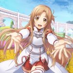  :d asuna_(sao) blue_sky breastplate brown_eyes brown_hair day detached_sleeves floating_hair jpeg_artifacts long_hair miniskirt open_mouth outdoors outstretched_arm pleated_skirt red_skirt skirt sky smile solo sword_art_online thigh-highs very_long_hair waist_cape white_legwear zettai_ryouiki 