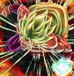  1boy absurdres anger_vein attacking_viewer blank_eyes boots broly_(dragon_ball_super) clenched_hand commentary dragon_ball dragon_ball_super dragon_ball_super_broly energy evil_smile fighting_stance fingernails flying from_above full_body green_hair grin highres legendary_super_saiyan male_focus muscle nagare_seiya open_mouth purple_legwear scar shirtless short_hair smile spiky_hair super_saiyan teeth veins 